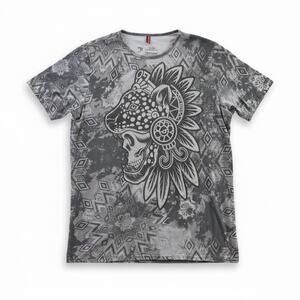 Ay Güey Men’s XL Jaguar Skull Aztec All Over Print T-Shirt Gray Mexico